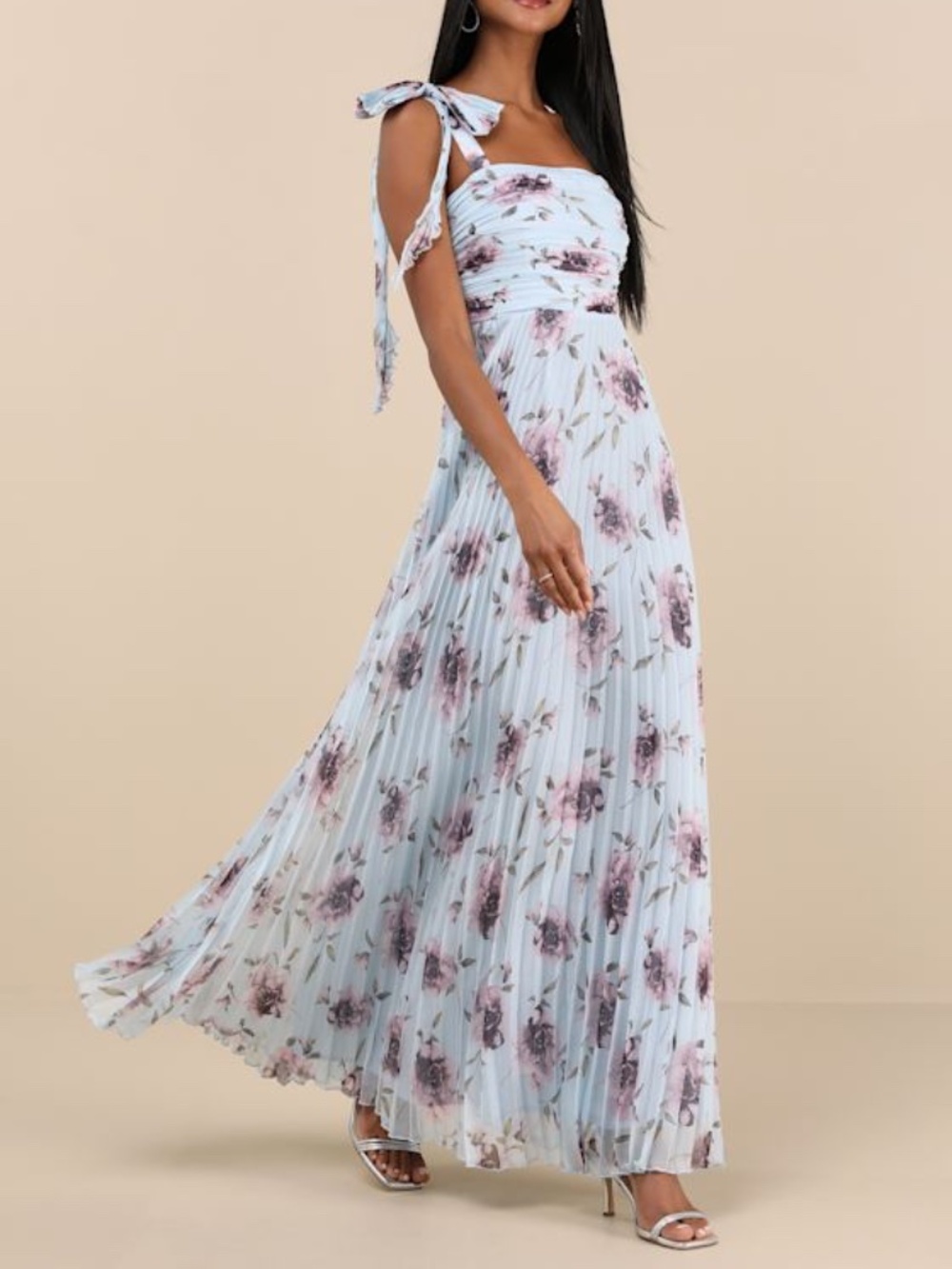 Lulus Gorgeous Purpose Blue Floral Pleated Sleeveless Bow Maxi Dress - Size M - Picture 1 of 1